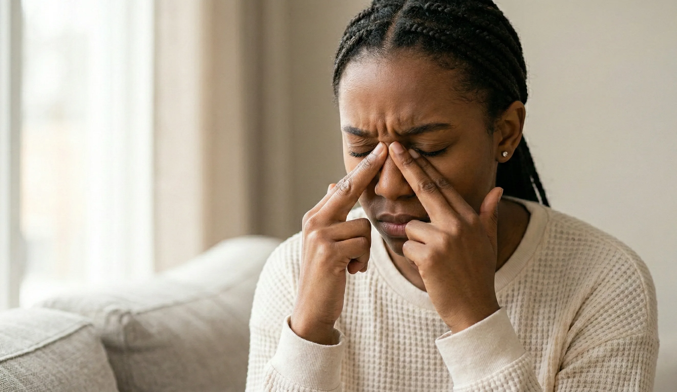 Woman pressing bridge of nose from sinus pressure