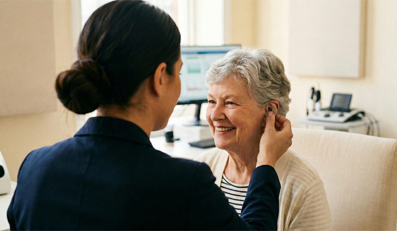 Audiologist fitting a hearing aid on a patient at Capital ENT