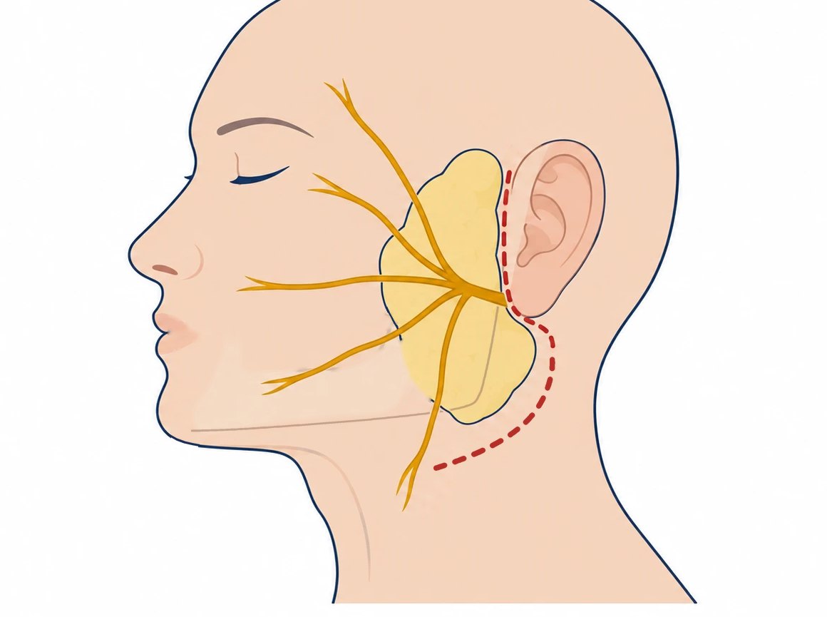 Side view of the head showing the parotid gland in front of and below the ear, over the angle of the jaw, with the facial nerve branches fanning out through the gland toward the face. A dashed line shows the incision: from the top of the ear down the crease in front of it, around and behind the earlobe, then down and forward into a crease in the upper neck.