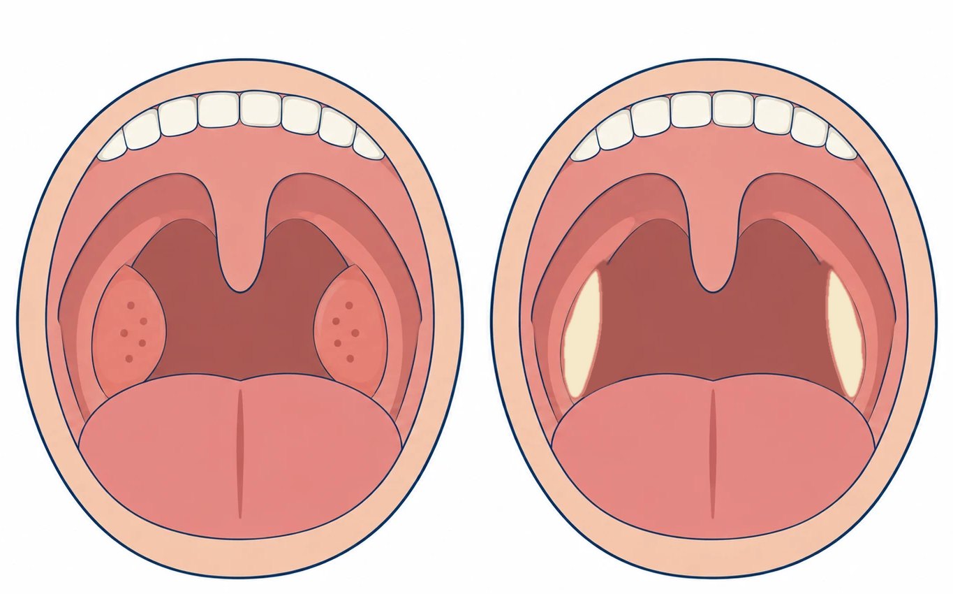 Two views into an open mouth. Before tonsillectomy, a tonsil sits on each side of the throat between two folds, with the uvula hanging in the middle. While healing, the tonsils are gone and a white or yellow layer covers each place where a tonsil was.