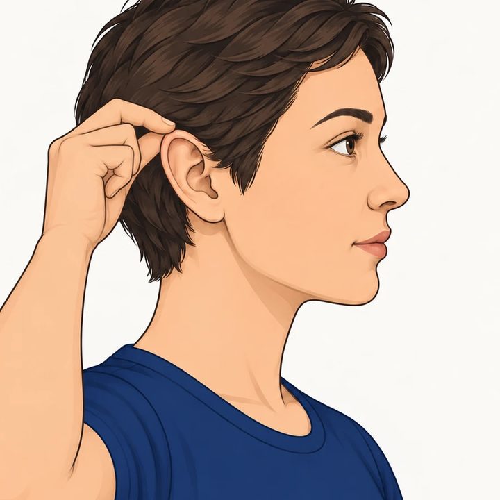 Side view of a person gently holding the top of the outer ear between thumb and finger and pulling it up and back to straighten the ear canal.