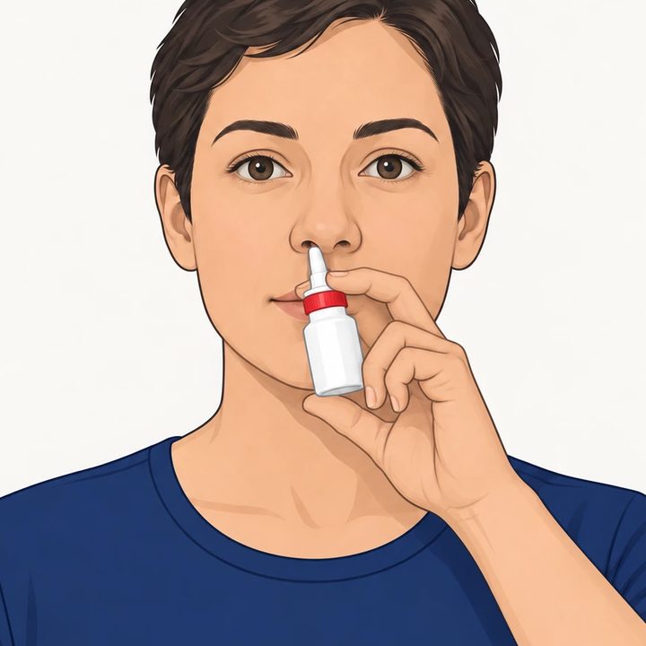 A person holds a nasal spray in their left hand with the tip in their right nostril, angled toward the outer corner of the right eye and away from the middle of the nose.