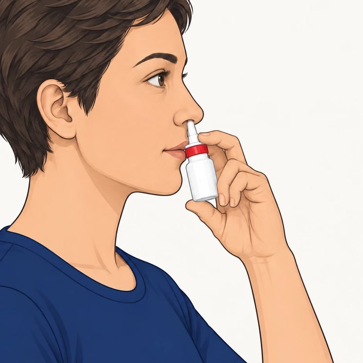 Side view of a person using a nasal spray with the head upright and the eyes looking straight ahead, not tilted back.